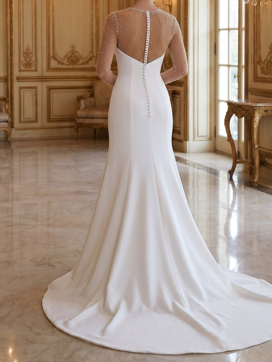 Sheath/Column Illusion Long Sleeves Beading Sweep Train Satin Wedding Dresses
