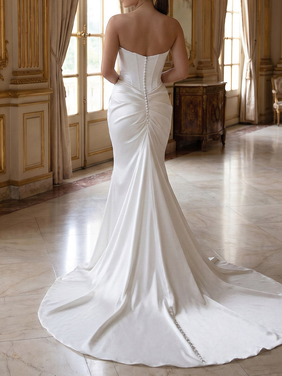Sheath/Column Straight Pleated Sweep Train Satin Wedding Dresses