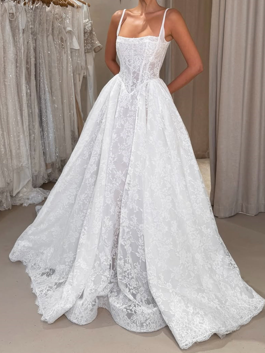 A-line/Princess Straps Appliques Lace Chapel Train Lace Wedding Dresses