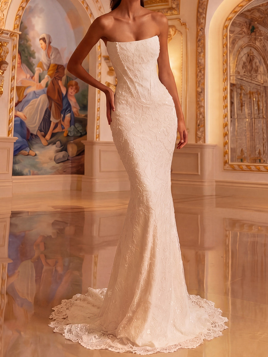 Trumpet/Mermaid Straight Sequin Sweep Train Lace Wedding Dresses