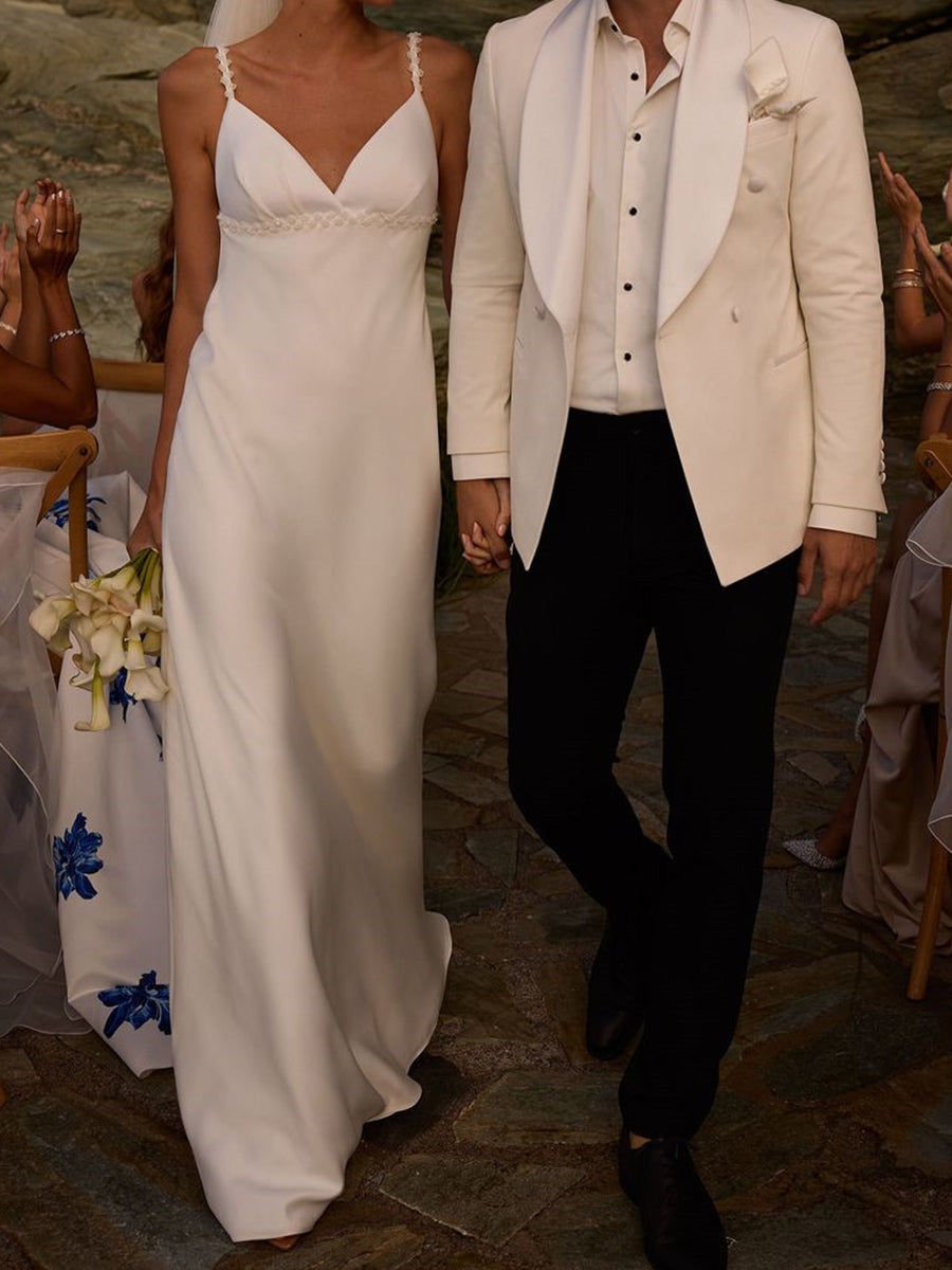 Sheath/Column Spaghetti Straps Appliques Lace Sweep Train Satin Wedding Dresses