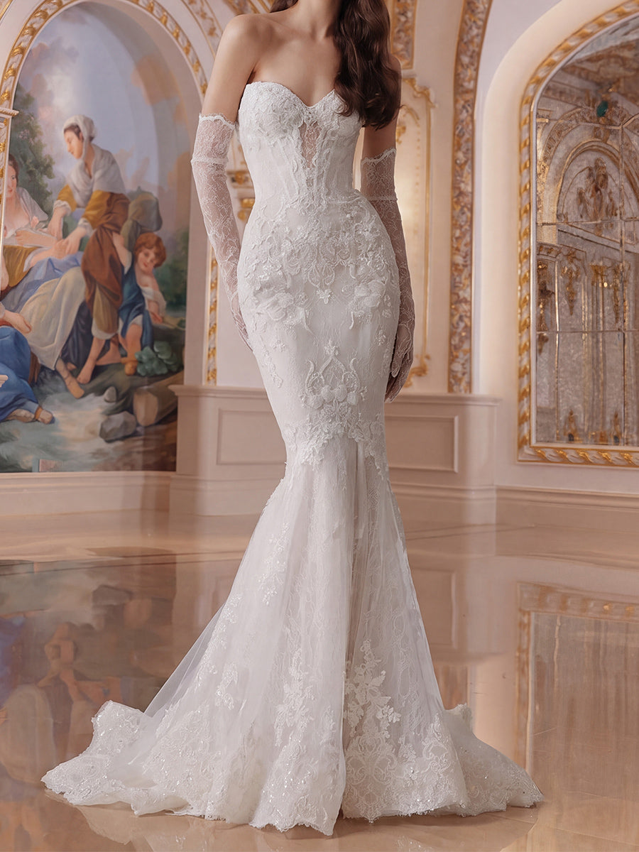 Trumpet/Mermaid Sweetheart Appliques Lace Court Train Lace Wedding Dresses