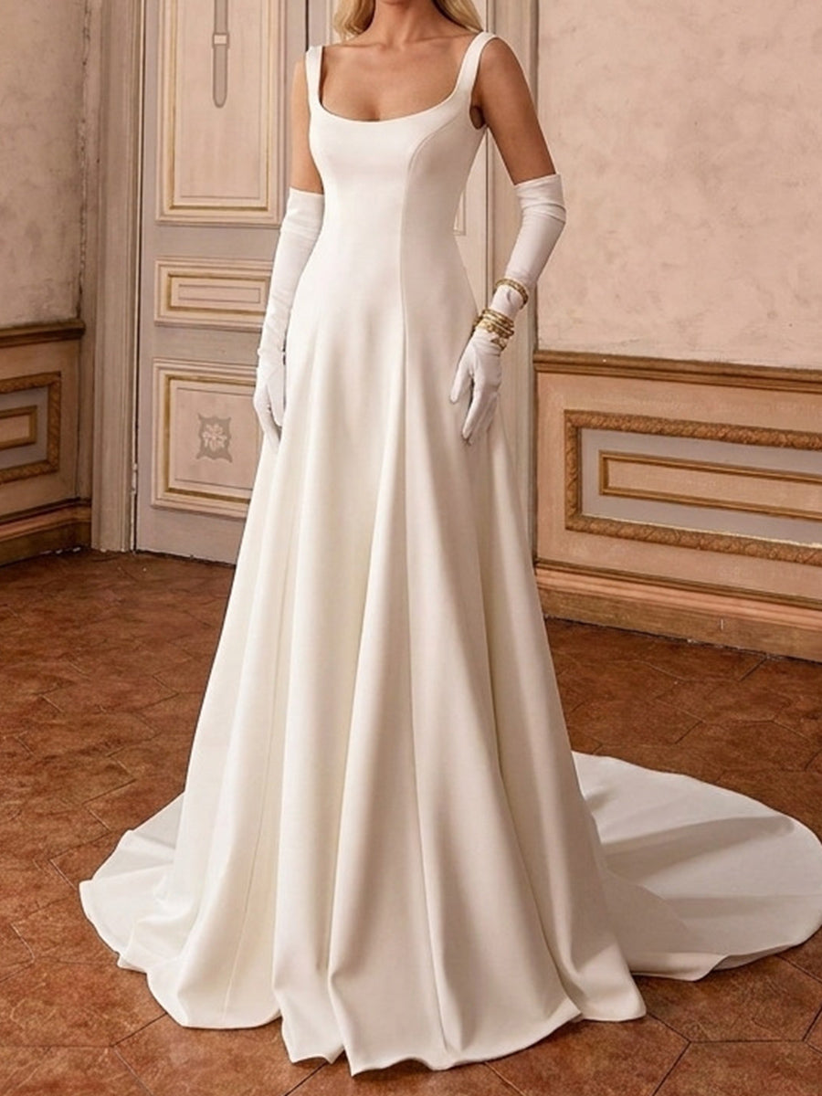 Wedding Dress A-line Ivory Straps Pleated Court Train Stretch Crepe