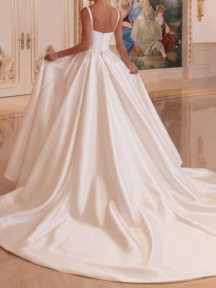 A-line/Princess Straps Beading Chapel Train Satin Wedding Dresses