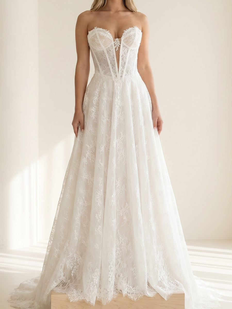 A-line/Princess V-neck Appliques Lace Court Train Lace Wedding Dresses
