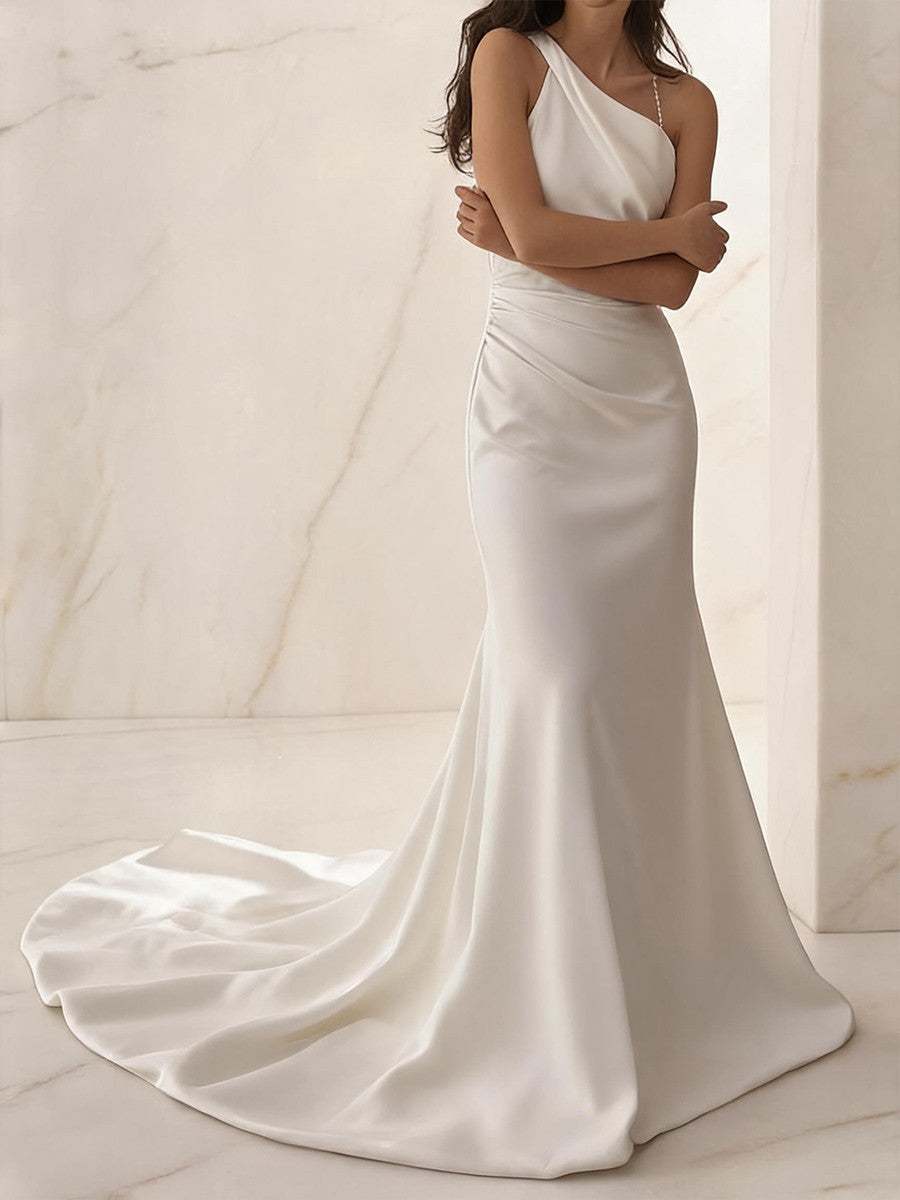 Sheath/Column One-Shoulder Beading Court Train Satin Wedding Dresses