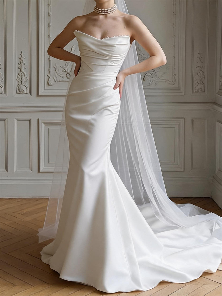 Sheath/Column Straight Pleated Court Train Satin Wedding Dresses