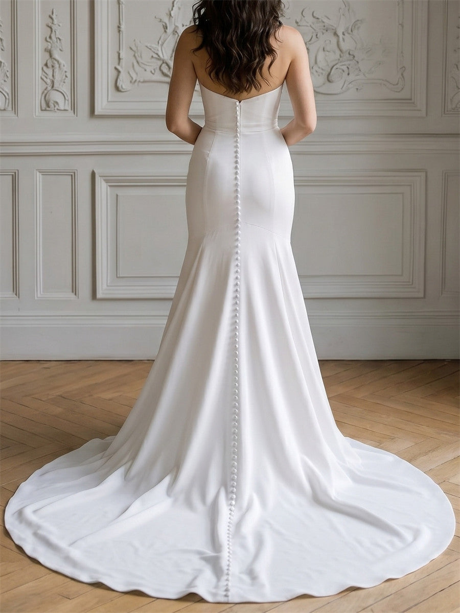 Sheath/Column Straight Pleated Court Train Satin Wedding Dresses