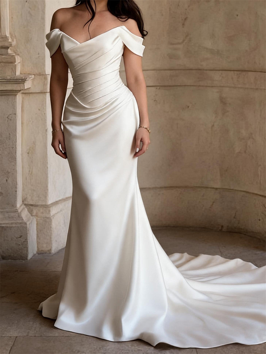 Sheath/Column Off-the-Shoulder Pleated Sweep Train Satin Wedding Dresses