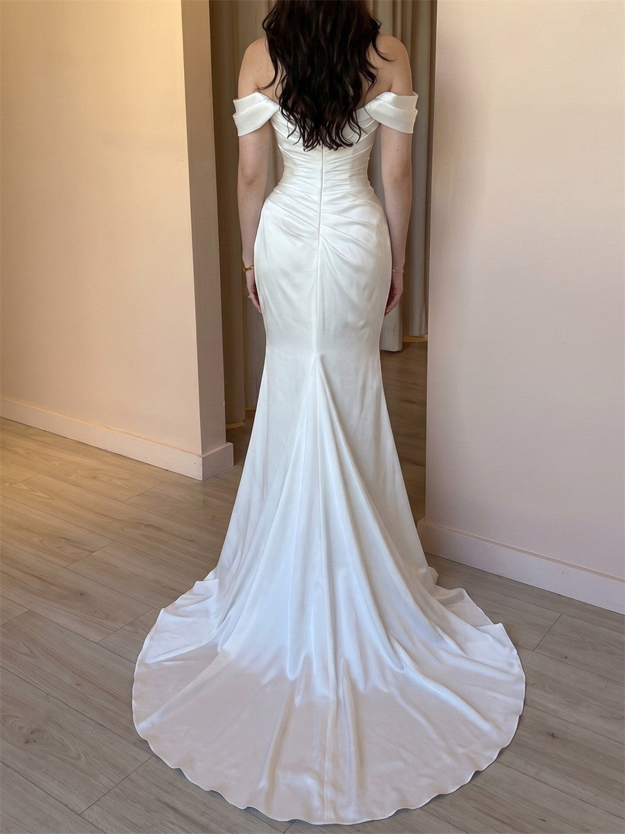 Sheath/Column Off-the-Shoulder Pleated Sweep Train Satin Wedding Dresses