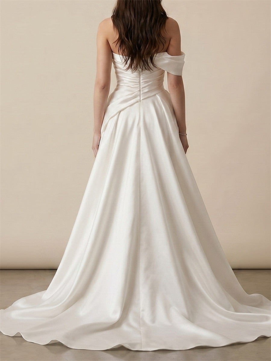 A-line/Princess One-Shoulder Pleated Sweep Train Satin Wedding Dresses