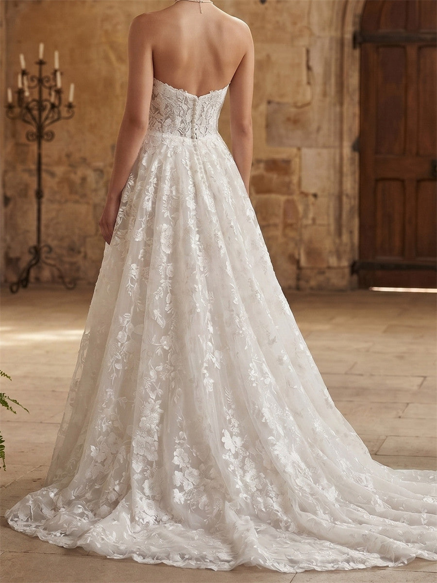 A-line/Princess V-neck Appliques Lace Court Train Lace Wedding Dresses