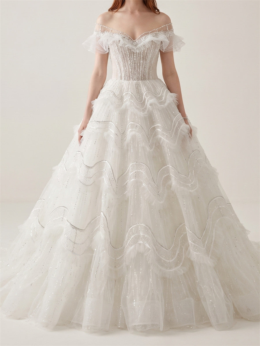 A-line/Princess Off-the-Shoulder Short Sleeves Beading Sweep Train Wedding Dresses