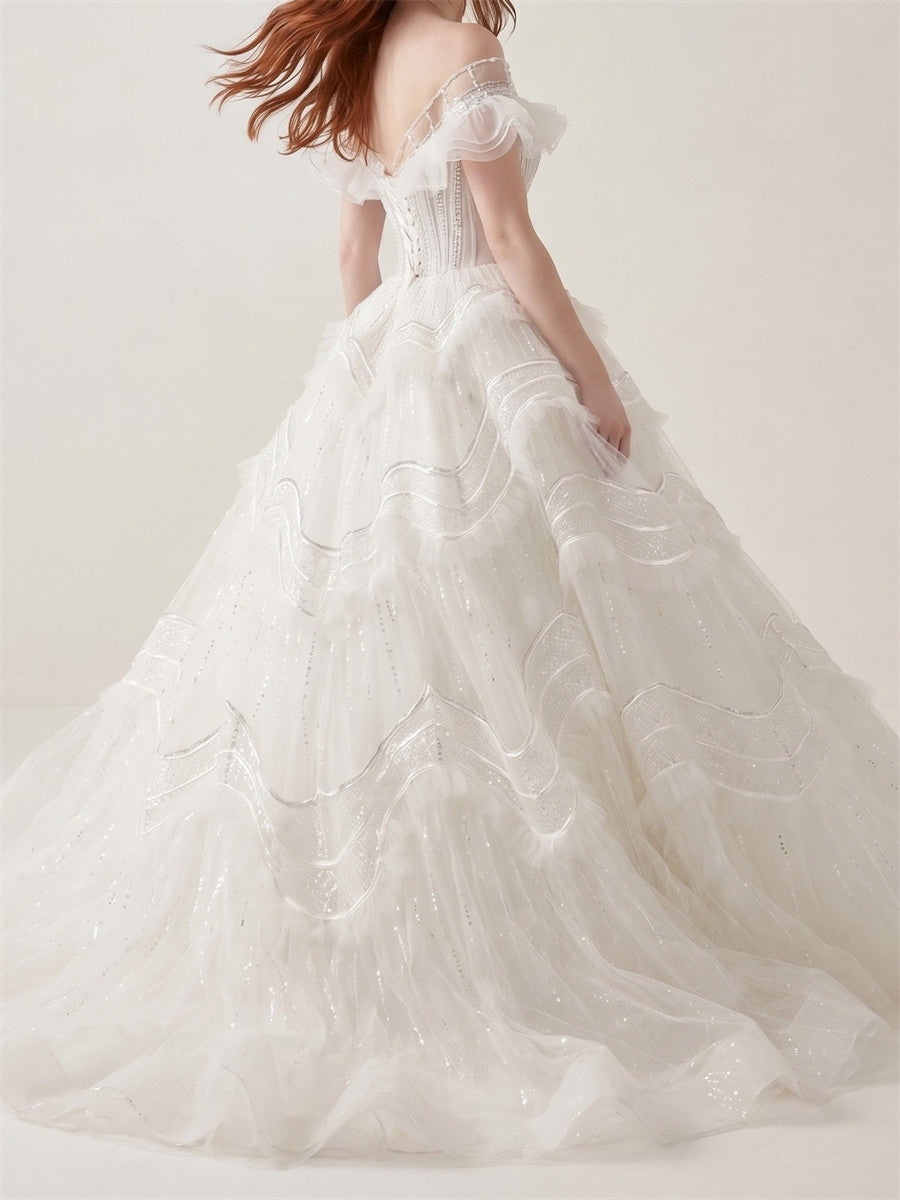 A-line/Princess Off-the-Shoulder Short Sleeves Beading Sweep Train Wedding Dresses