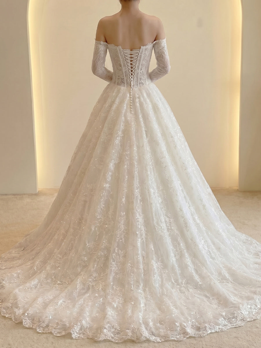 A-line/Princess Straight Beading Sweep Train Lace Wedding Dresses