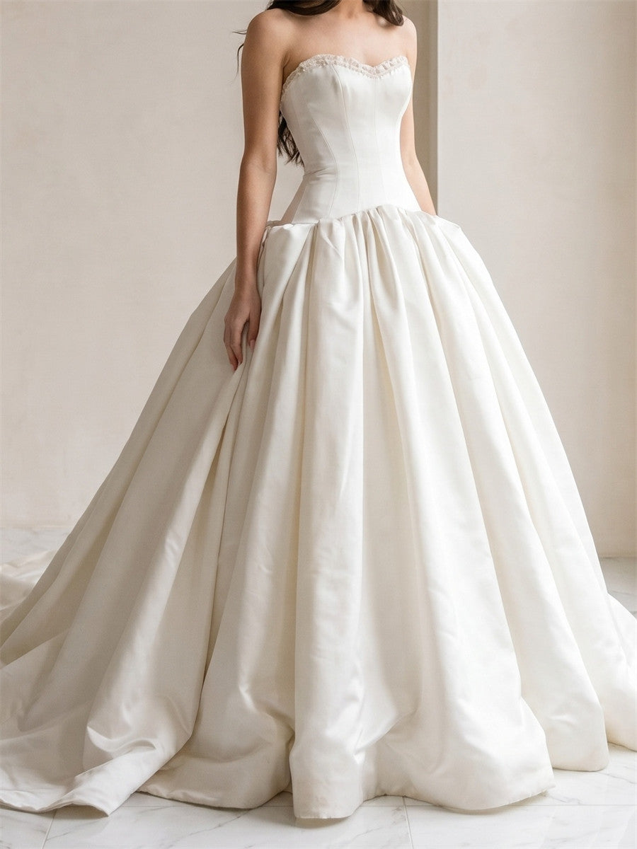 A-line/Princess Straight Ruffles Court Train Satin Wedding Dresses
