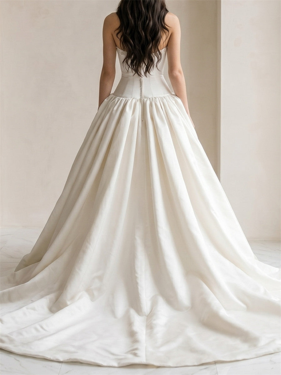 A-line/Princess Straight Ruffles Court Train Satin Wedding Dresses