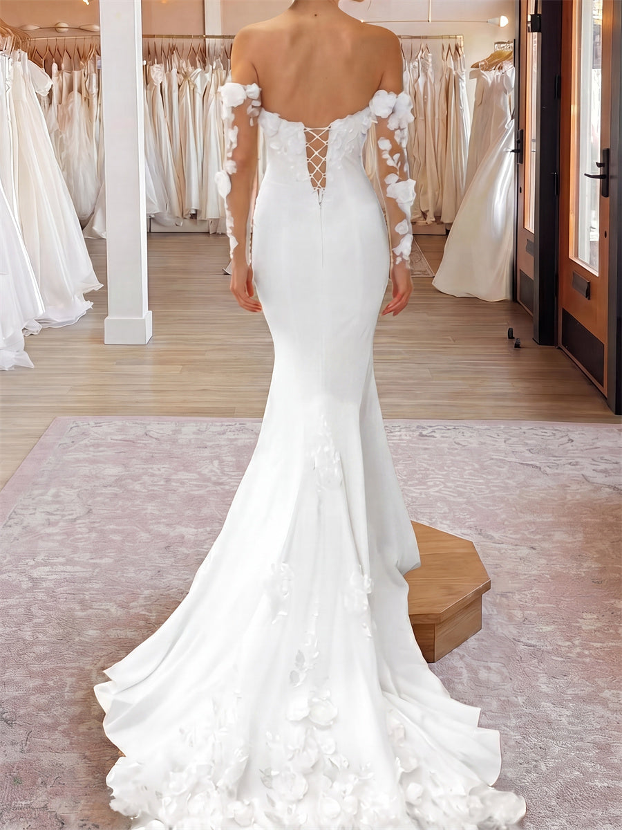 Trumpet/Mermaid Sweetheart Flower Chapel Train Stretch Crepe Wedding Dresses