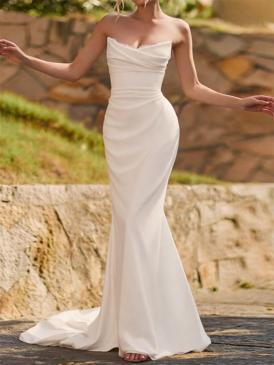 Sheath/Column Straight Pleated Chapel Train Stretch Crepe Wedding Dresses