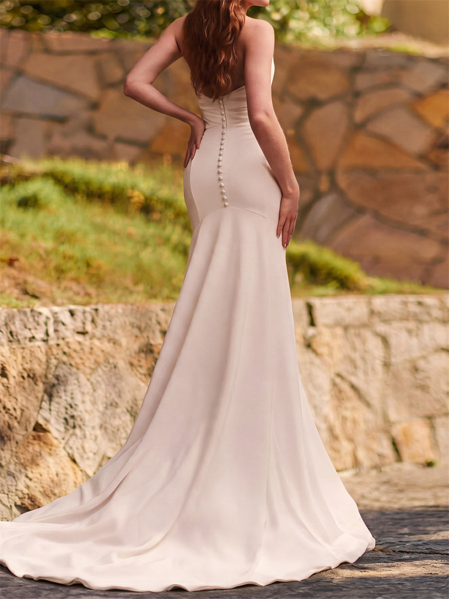 Sheath/Column Straight Pleated Chapel Train Stretch Crepe Wedding Dresses
