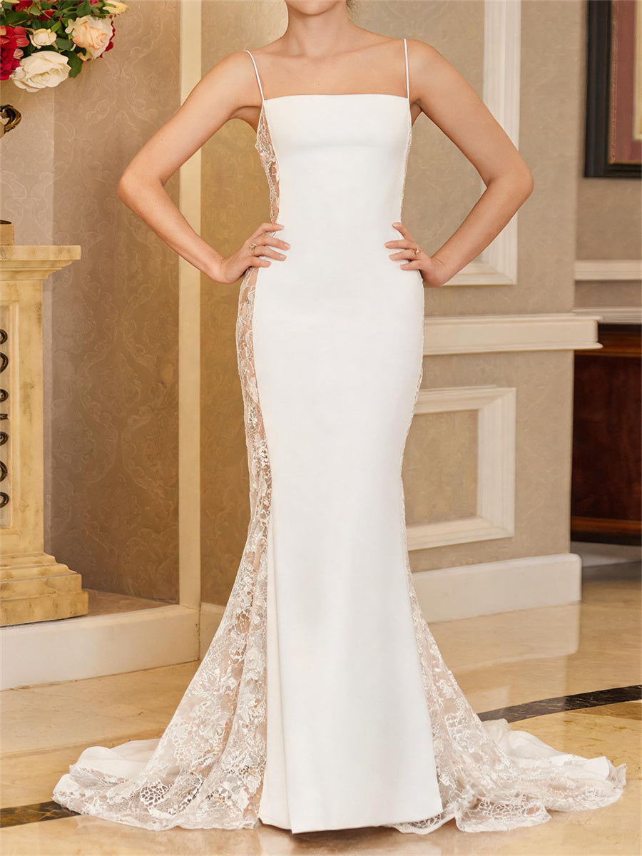 Trumpet/Mermaid Spaghetti Straps Appliques Lace Sweep Train Stretch Crepe Wedding Dresses