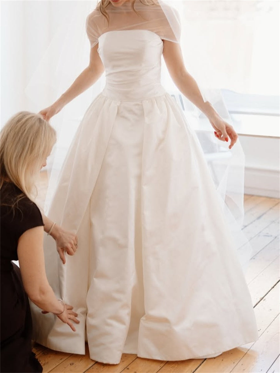 A-line/Princess High Neck Short Sleeves Pleated Cathedral Train Satin Wedding Dresses