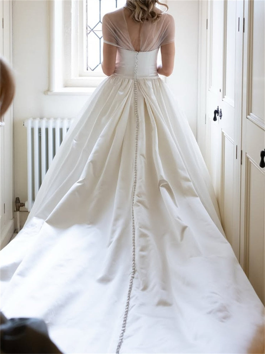 A-line/Princess High Neck Short Sleeves Pleated Cathedral Train Satin Wedding Dresses