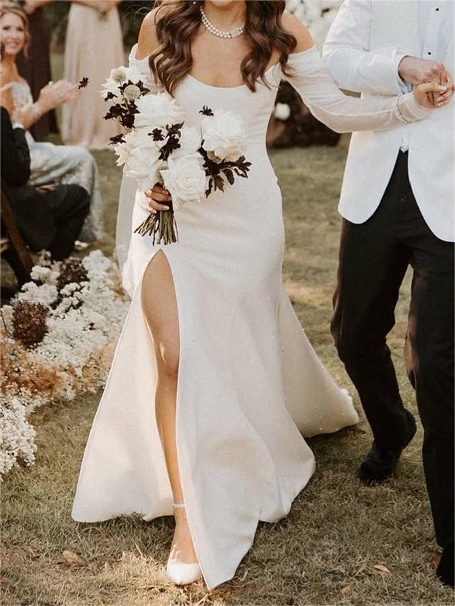 Sheath/Column Off-the-Shoulder Long Sleeves Pleated Court Train Stretch Crepe Wedding Dresses