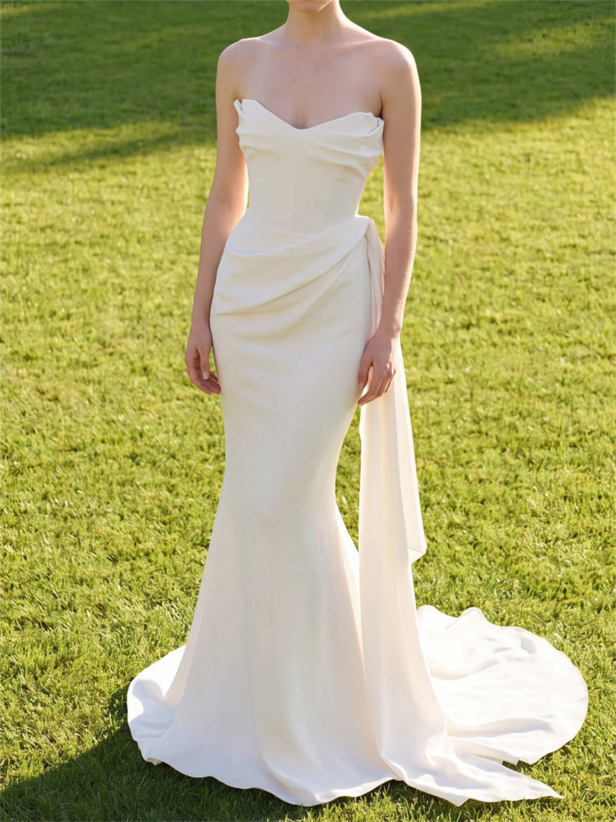 Sheath/Column Sweetheart Ruffles Chapel Train Silk Like Satin Wedding Dresses