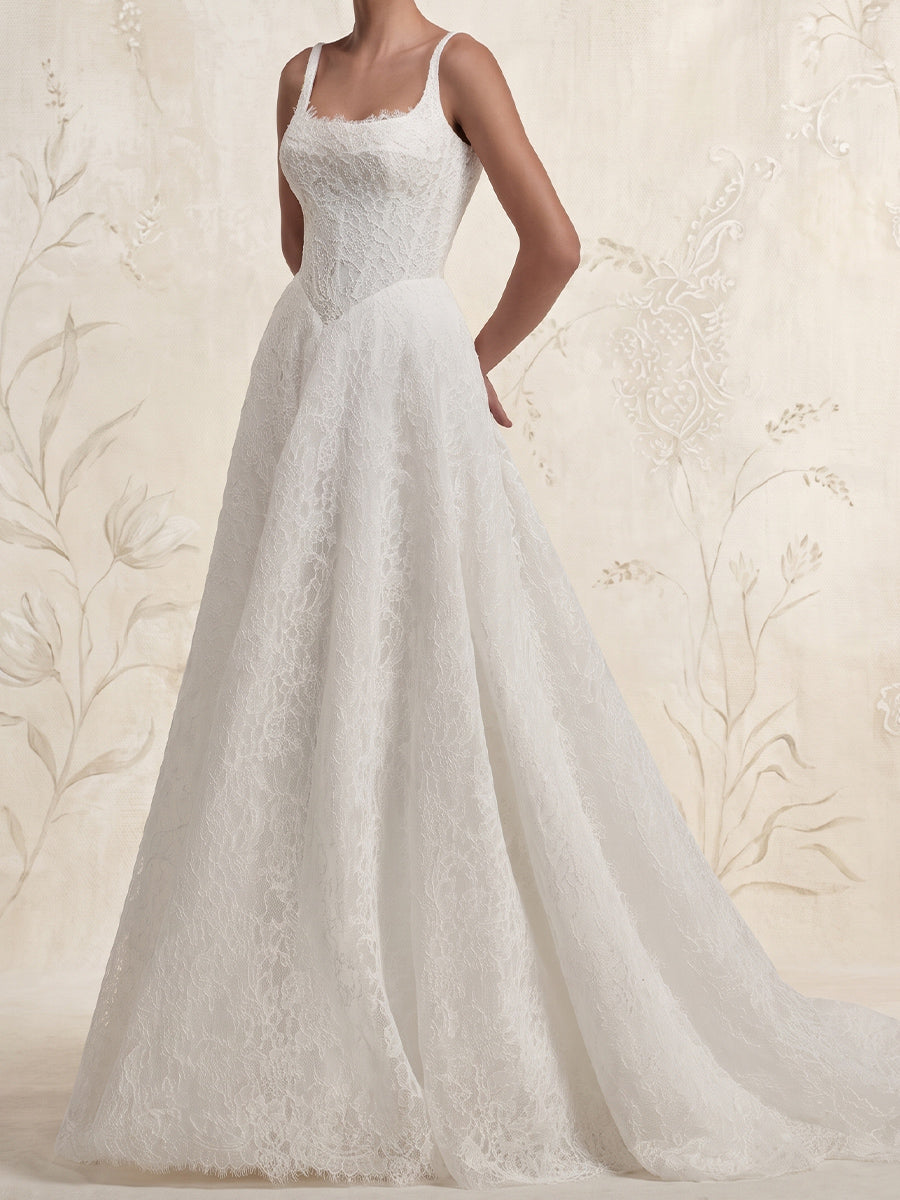 A-line/Princess Square Appliques Lace Sweep Train Lace Wedding Dresses
