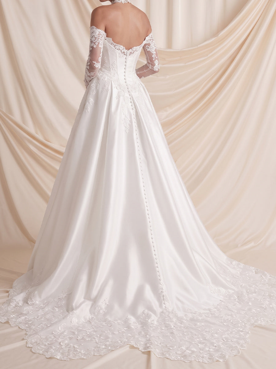 A-line/Princess Off-the-Shoulder Long Sleeves Appliques Lace Sweep Train Silk Like Satin Wedding Dresses