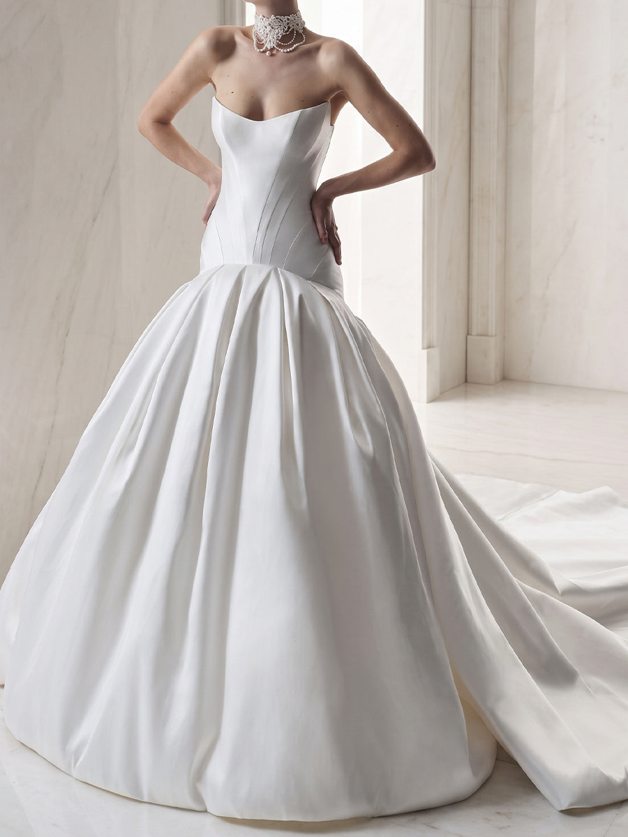 A-line/Princess Straight Pleated Chapel Train Satin Wedding Dresses