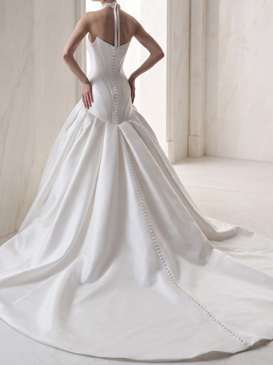 A-line/Princess Straight Pleated Chapel Train Satin Wedding Dresses
