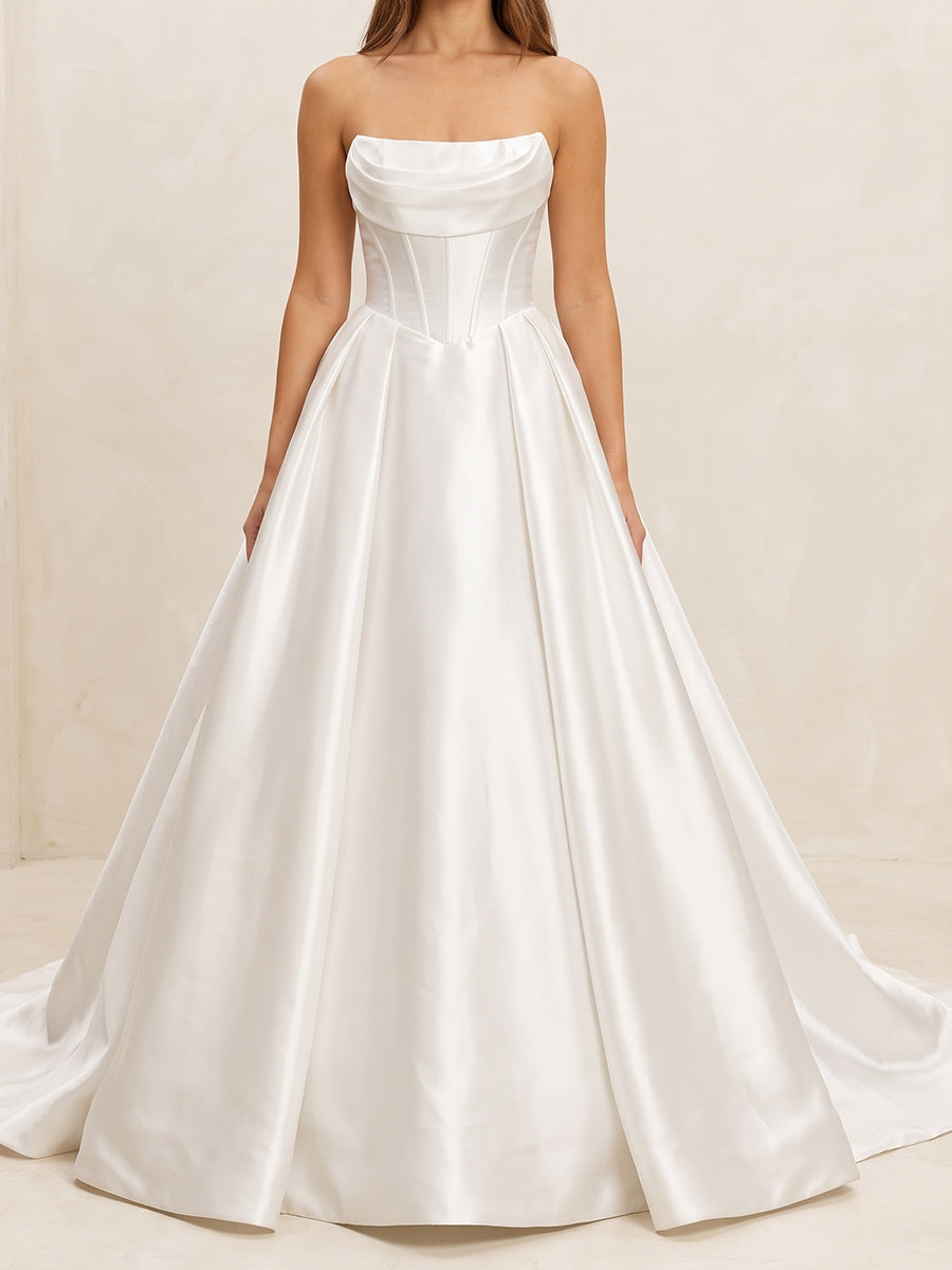 A-line/Princess Straight Pleated Sweep Train Satin Wedding Dresses