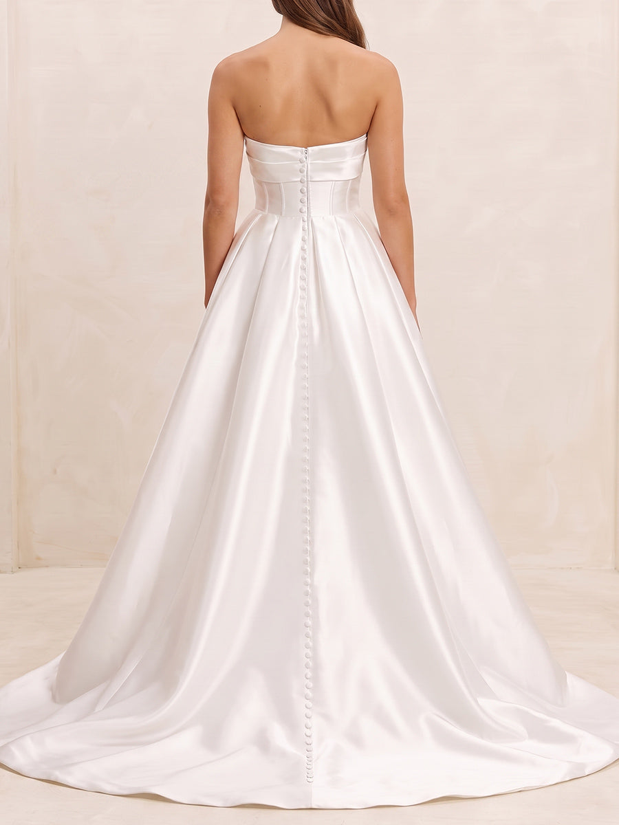 A-line/Princess Straight Pleated Sweep Train Satin Wedding Dresses