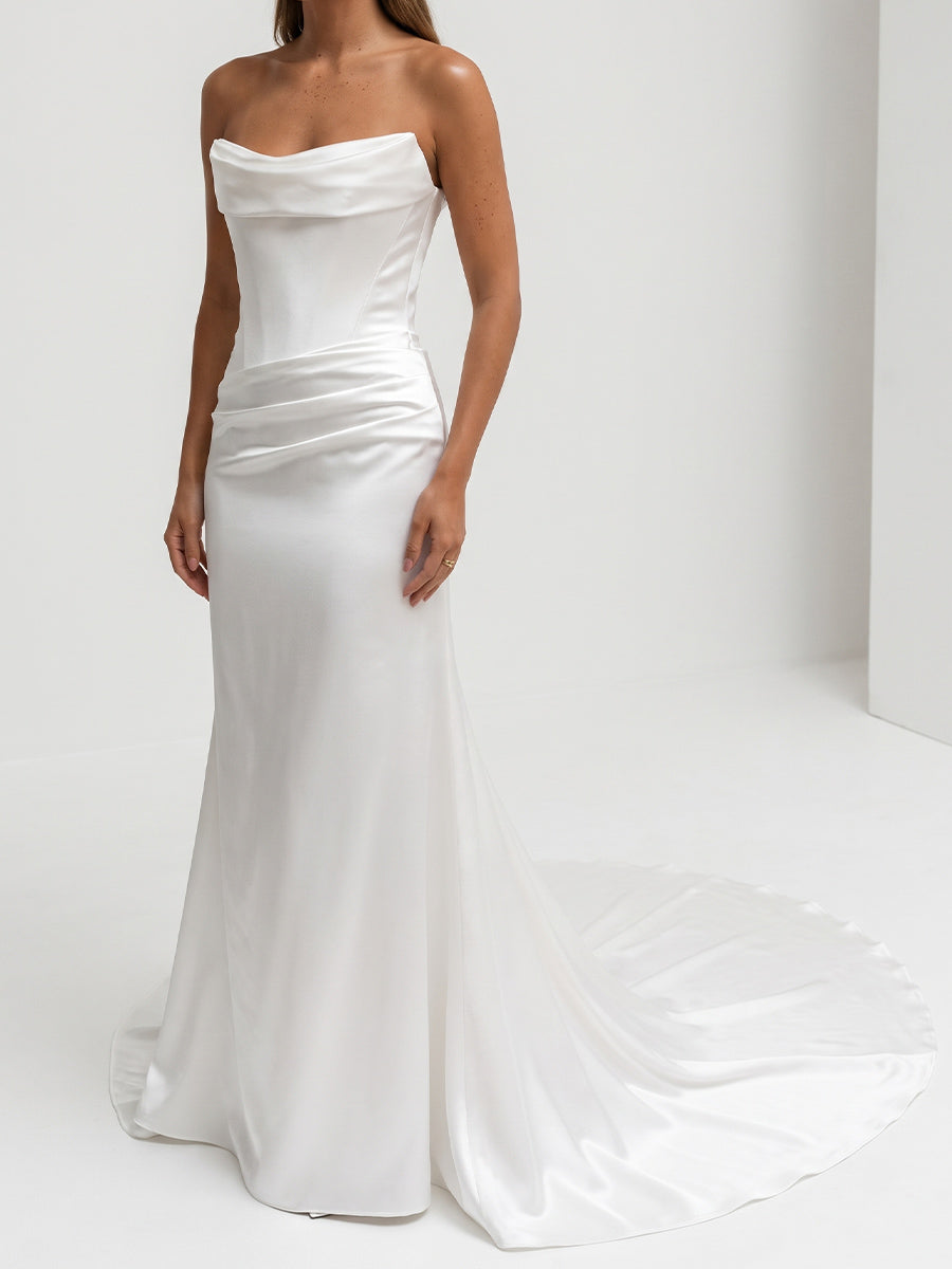 Sheath/Column Straight Pleated Sweep Train Satin Wedding Dresses