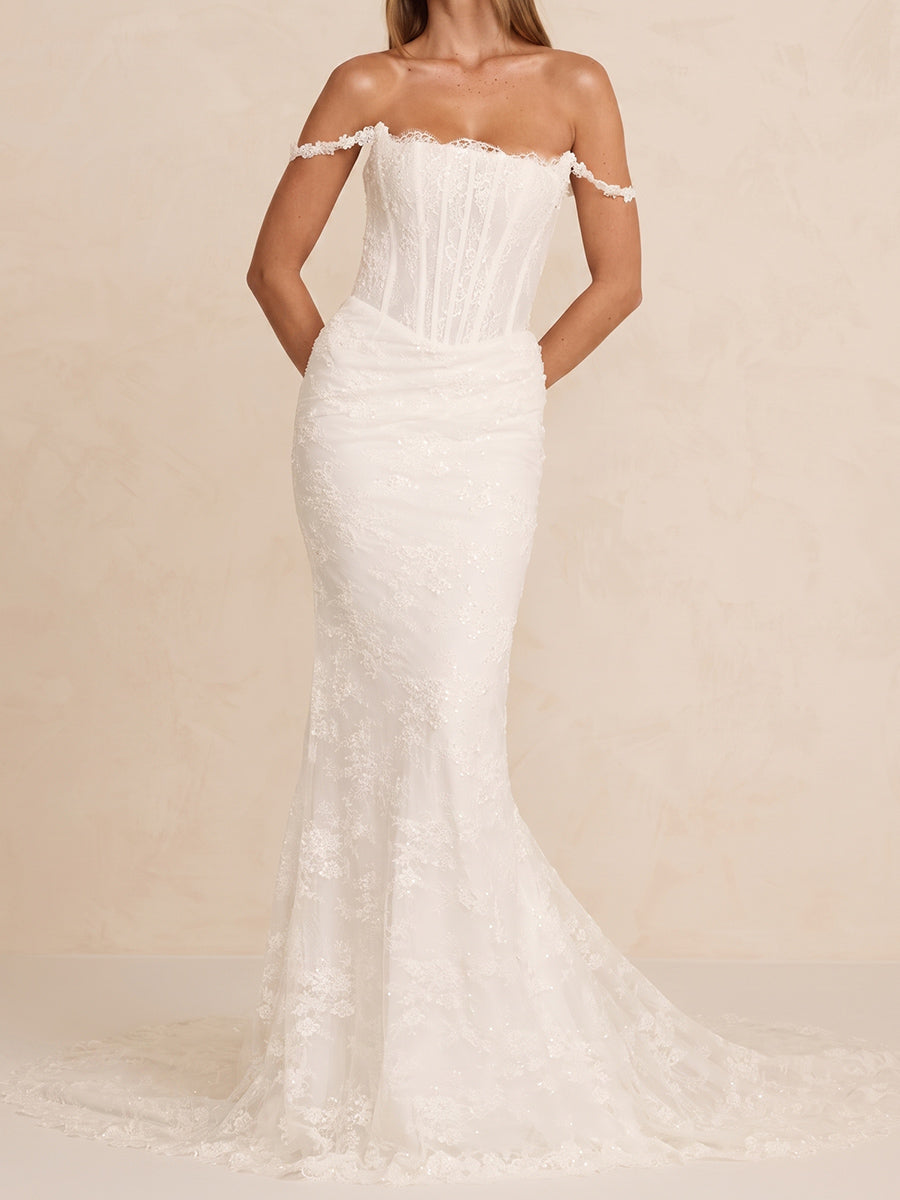 Sheath/Column Off-the-Shoulder Short Sleeves Appliques Lace Sweep Train Lace Wedding Dresses