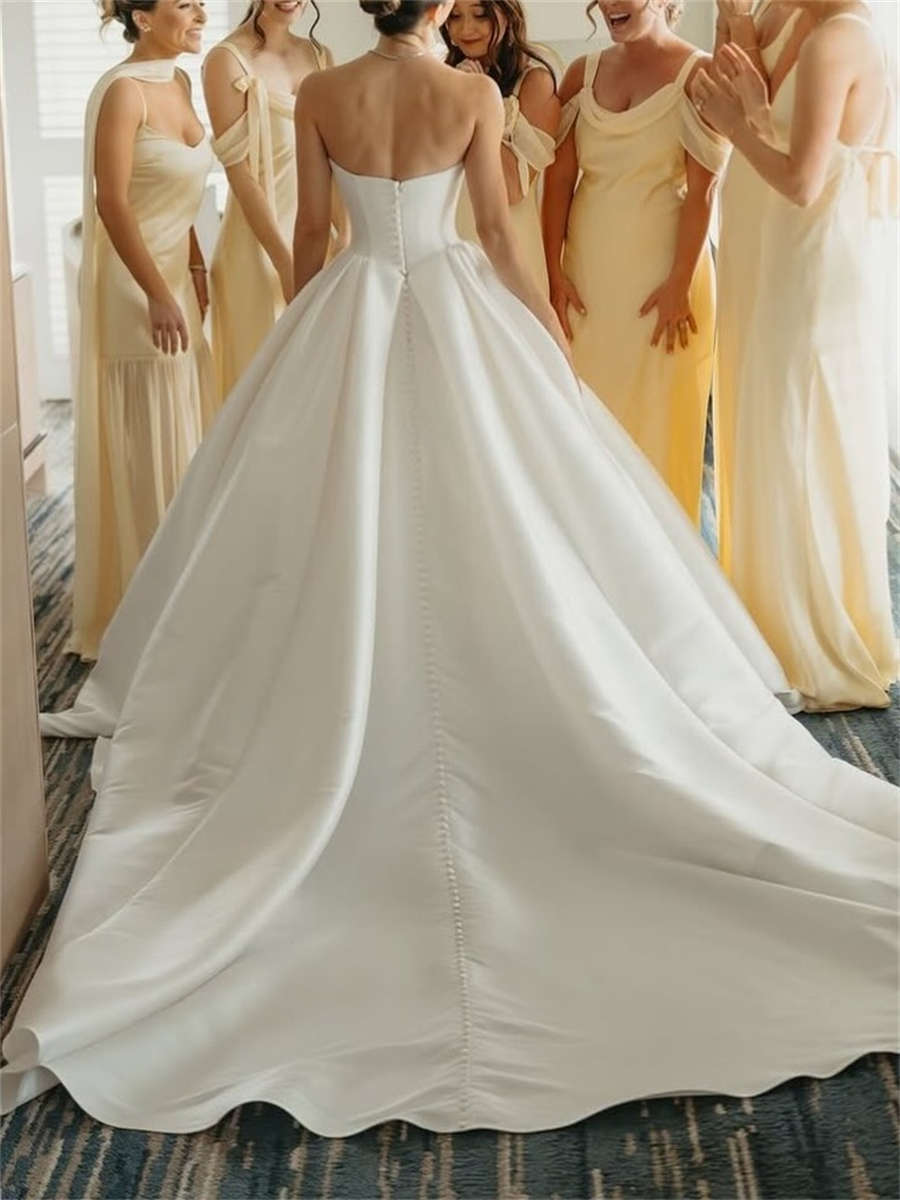 A-line/Princess Straight Pleated Cathedral Train Satin Wedding Dresses