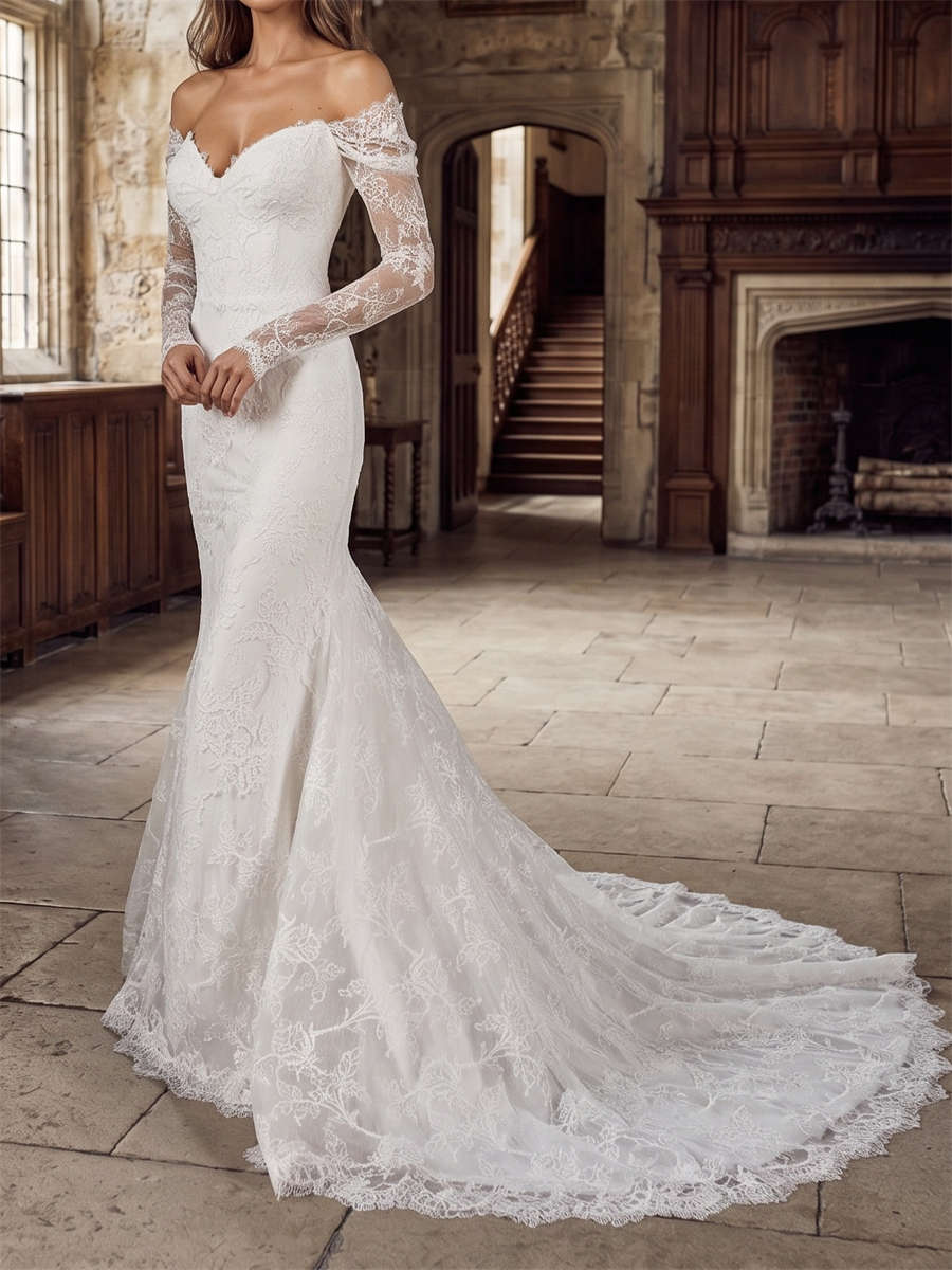 Trumpet/Mermaid Off-the-Shoulder Long Sleeves Appliques Lace Court Train Lace Wedding Dresses