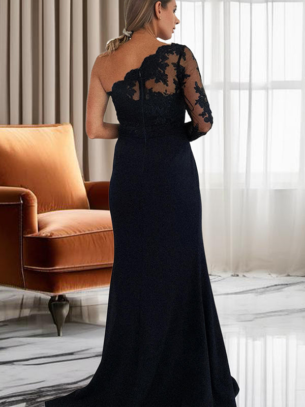 Sheath One-Shoulder Long Sleeves Appliques Lace Sweep Train Stretch Crepe Bridesmaid Dress