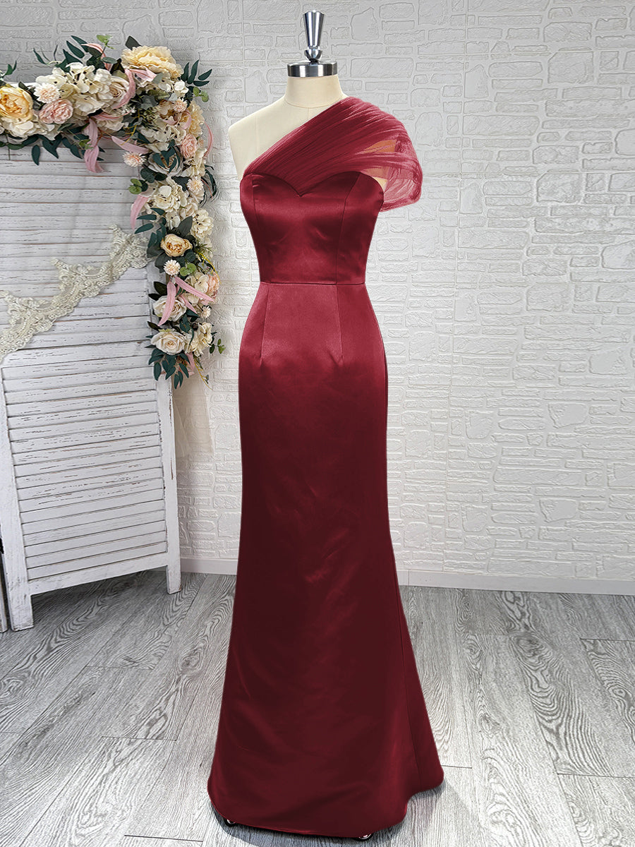 Sheath One-Shoulder Pleated Floor-Length Satin Bridesmaid Dress