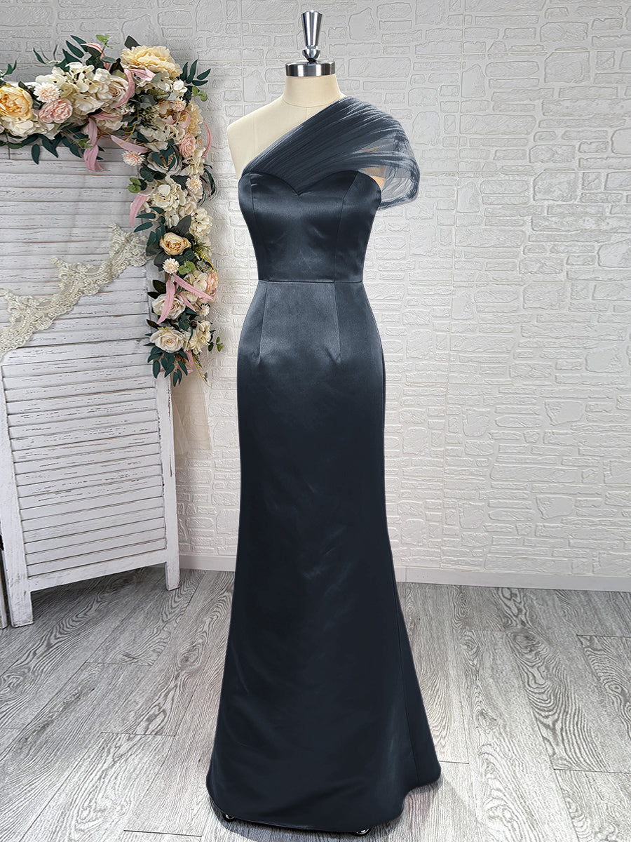 Sheath One-Shoulder Pleated Floor-Length Satin Bridesmaid Dress