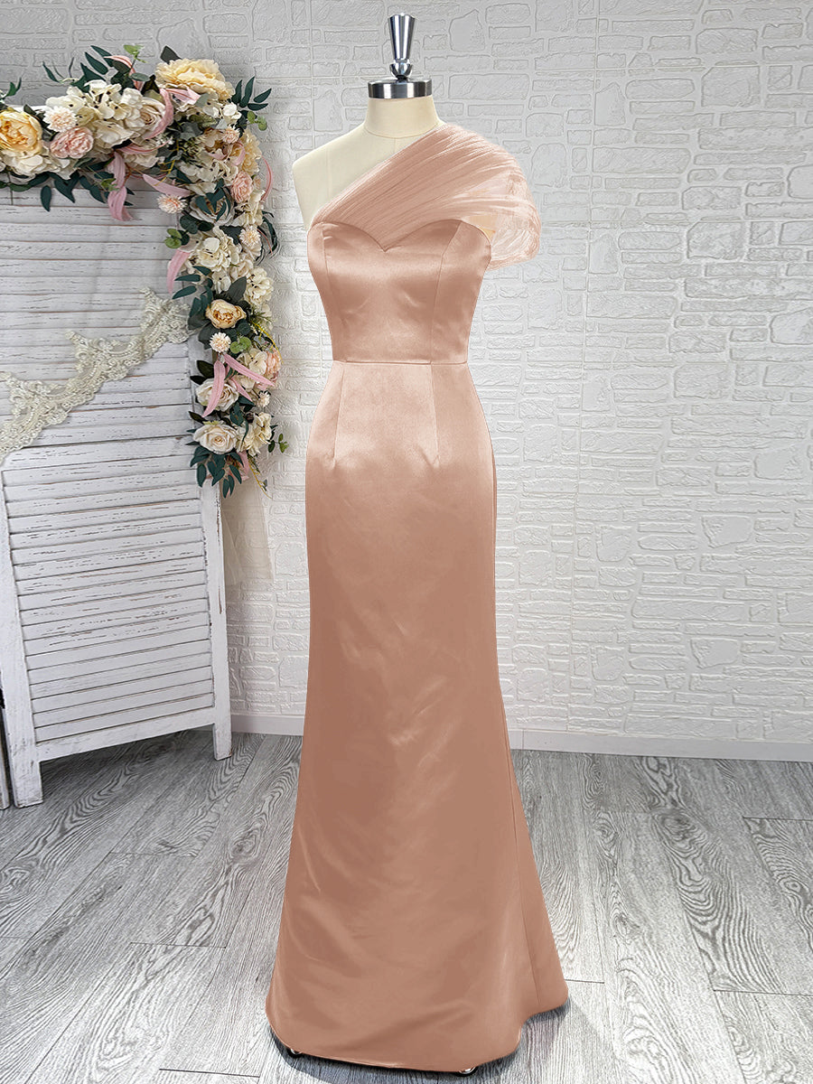 Sheath One-Shoulder Pleated Floor-Length Satin Bridesmaid Dress