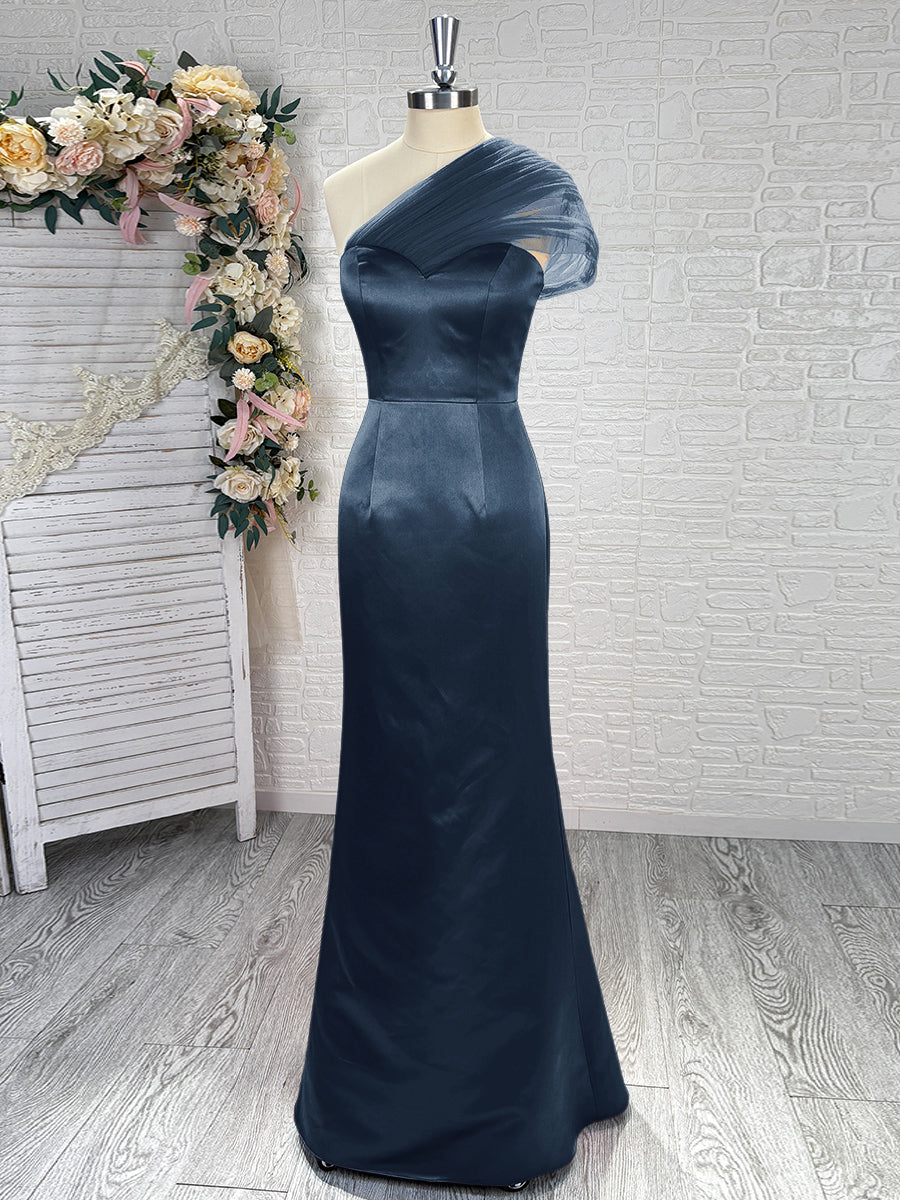 Sheath One-Shoulder Pleated Floor-Length Satin Bridesmaid Dress