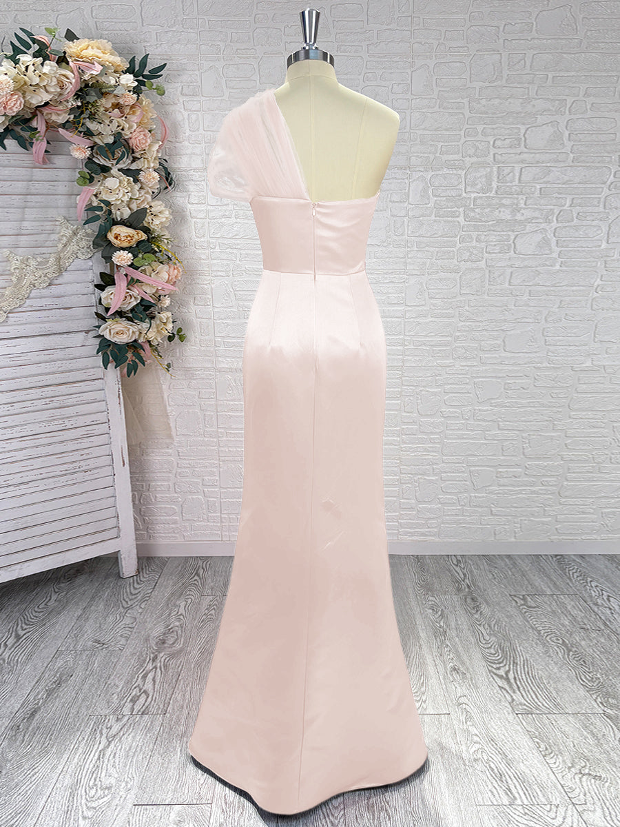 Sheath One-Shoulder Pleated Floor-Length Satin Bridesmaid Dress