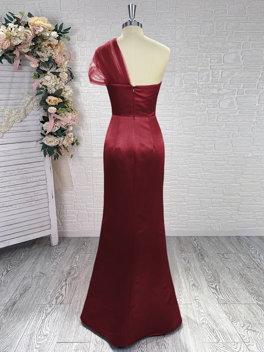 Sheath One-Shoulder Pleated Floor-Length Satin Bridesmaid Dress