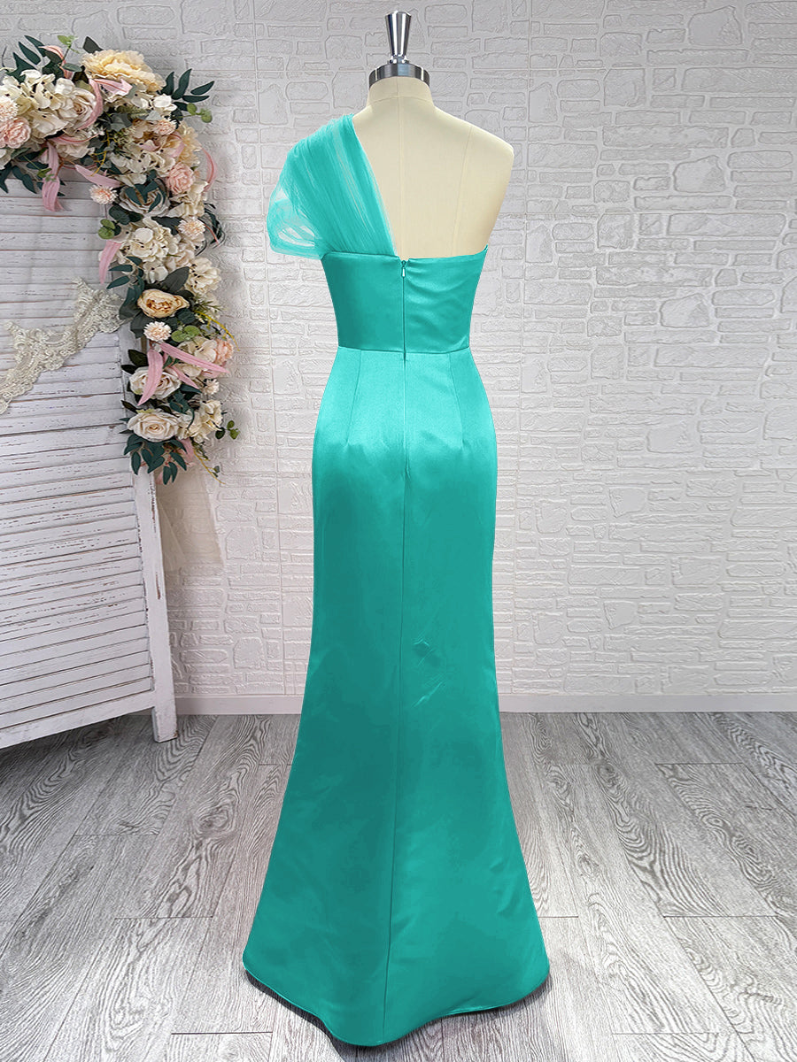 Sheath One-Shoulder Pleated Floor-Length Satin Bridesmaid Dress