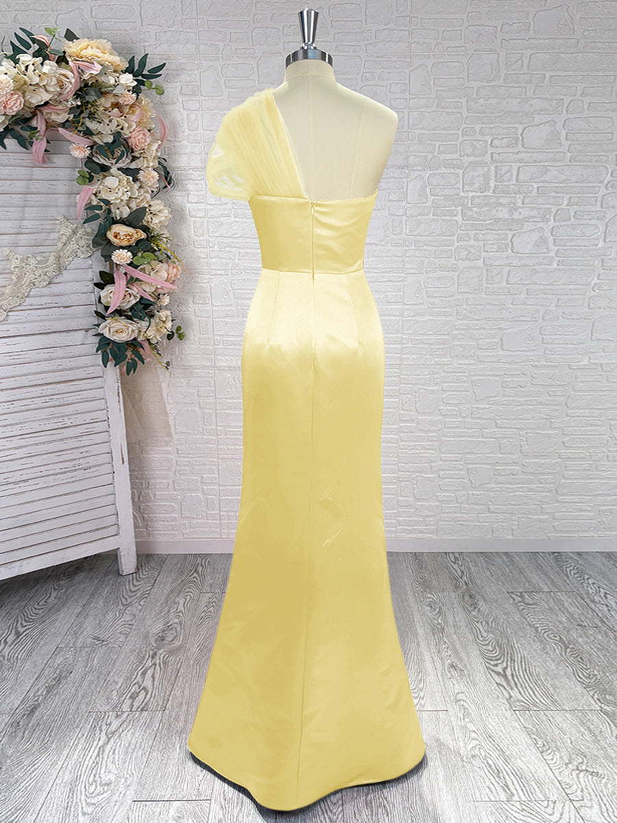 Sheath One-Shoulder Pleated Floor-Length Satin Bridesmaid Dress