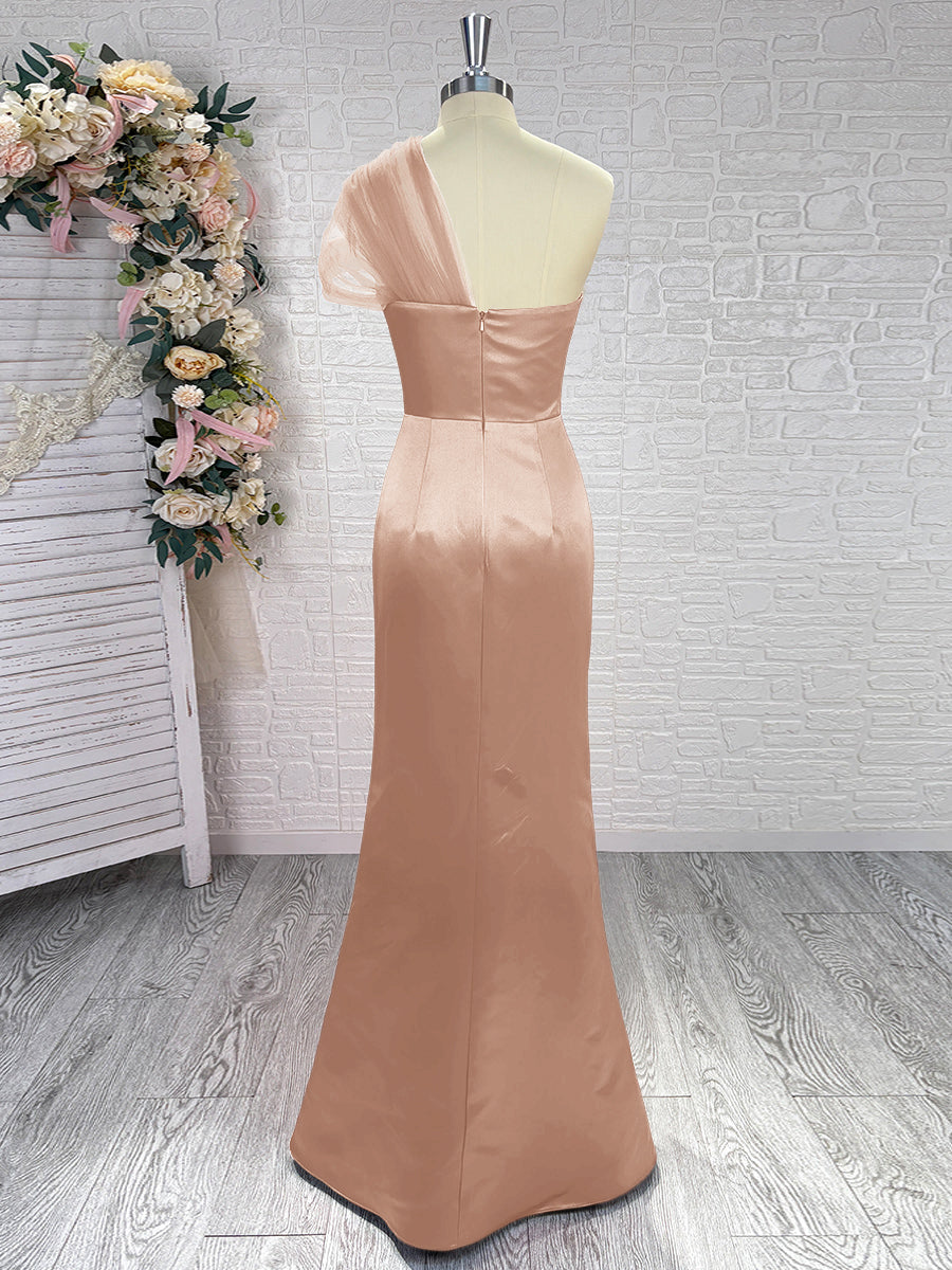 Sheath One-Shoulder Pleated Floor-Length Satin Bridesmaid Dress