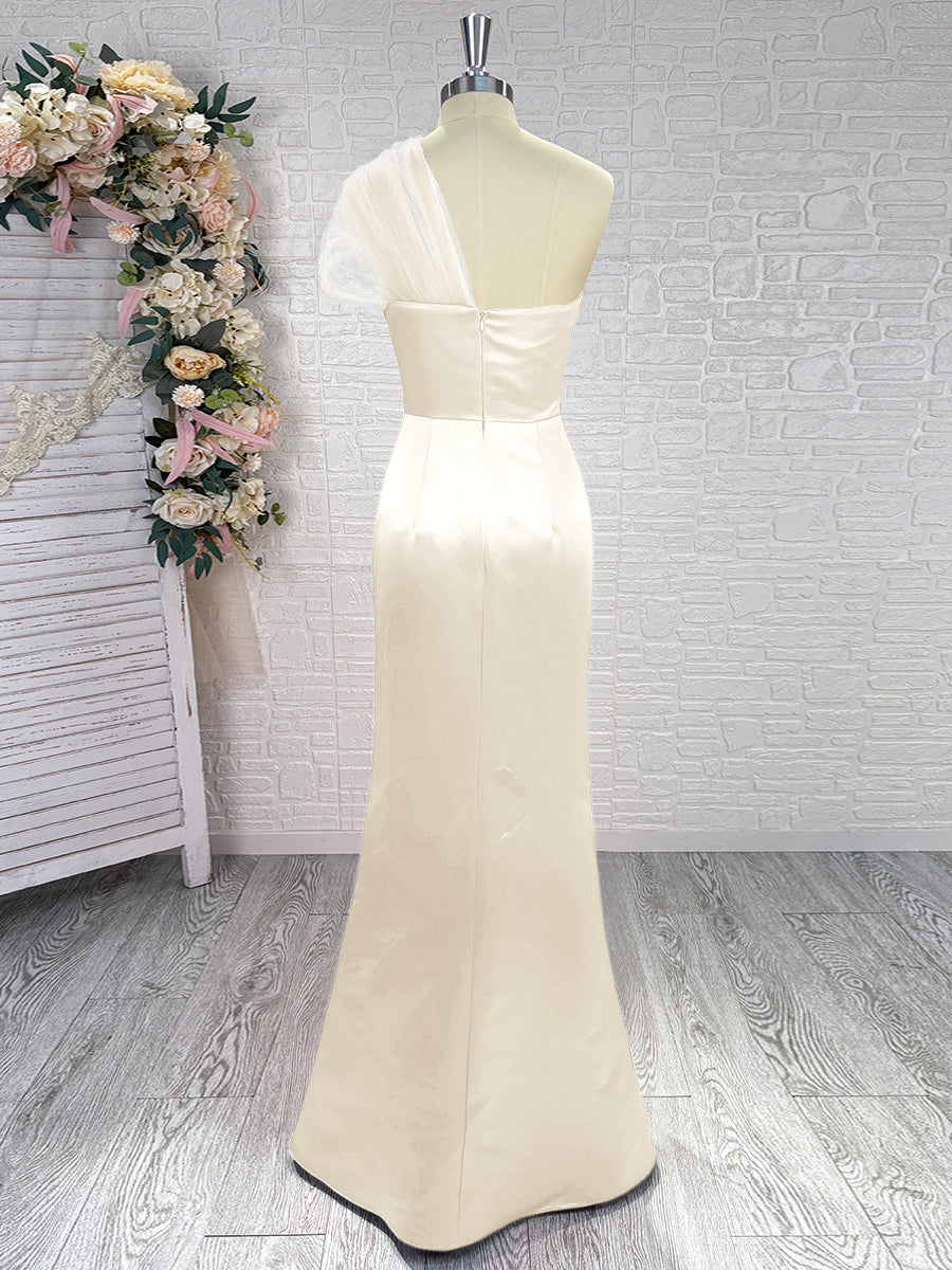 Sheath One-Shoulder Pleated Floor-Length Satin Bridesmaid Dress
